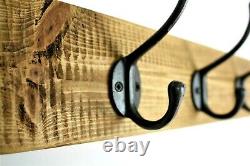 Rustic Industrial Wooden Coat Rack Large Cast Iron Hooks Antique Oak Wax Wall