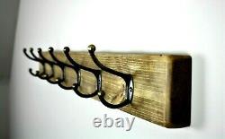 Rustic Wooden Coat Rack Wall Mounted Handmade Cast Coat Hooks Oak Wax Antique