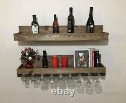 Shelf Wine Rack, Glass Holder 20 Bottles Wall Mounted Home Bar Rustic Wooden