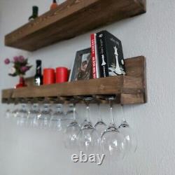 Shelf Wine Rack, Glass Holder 20 Bottles Wall Mounted Home Bar Rustic Wooden