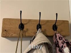 Solid Oak Chunky Rustic Wooden Coat / Hat Rack With Strong Cast Iron Hooks