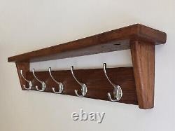 Solid Oak Coat Rack Handmade Wooden Entryway Shelf with Vintage Cast Iron Hooks