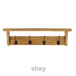 Solid Oak Coat Rack Handmade Wooden Entryway Shelf with Vintage Cast Iron Hooks