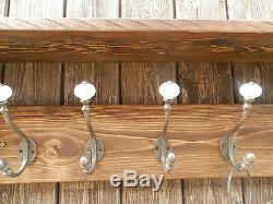 Solid wood Hat & Coat Rack with shelf and ceramic hooks, Tudor oak finish