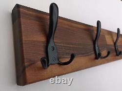 Solid wood coat rack cast iron hooks extra long walnut
