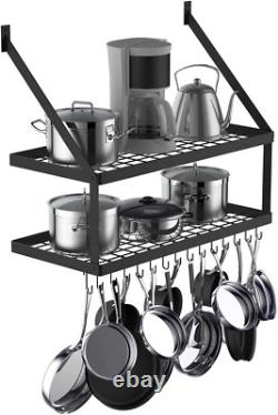 Square Grid Wall Mount Pot Rack with 2-Tier 15 Hooks, Kitchen Cookware Hanging O