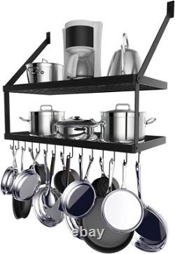 Square Grid Wall Mount Pot Rack with 2-Tier 15 Hooks, Kitchen Cookware Hanging O