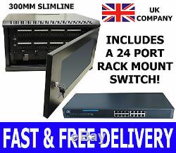 Stealthy Black Wall Cabinet Rack + 19 24 Port RJ45 Ethernet Network Data Switch