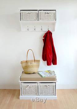TETBURY White Bench with storage baskets. Hallway hanging shelf, white coat rack