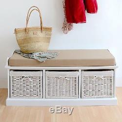 TETBURY White Bench with storage baskets. Hallway hanging shelf, white coat rack