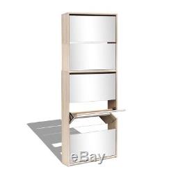 Tall Wooden Shoe Cabinet Oak Wall Mounted Mirrored Shoes Storage Unit Rack Stand