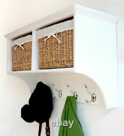Tetbury White Coat Rack with 2 Storage Baskets. Hallway hanging shelf, 4 hooks
