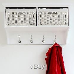 Tetbury White Coat Rack with storage baskets, hallway hanging shelf with hooks