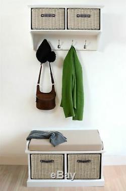 Tetbury White storage bench & coat rack with 2 extra strong faux rattan baskets
