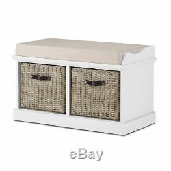 Tetbury White storage bench & coat rack with 2 extra strong faux rattan baskets