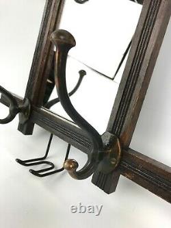 Victorian Oak Wall Mount Hat Coat Rack with Mirror Wire Hooks Antique Barber Salon