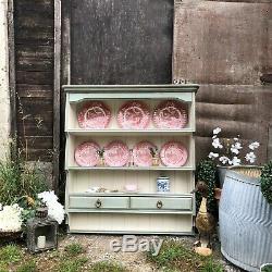 Vintage Duck Egg Blue / Cream Painted Pine Country Farmhouse Wall Plate Rack