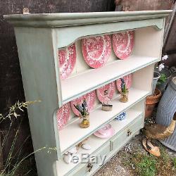 Vintage Duck Egg Blue / Cream Painted Pine Country Farmhouse Wall Plate Rack