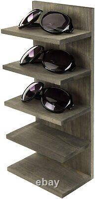 Vintage Gray Solid Wood Wall Mounted Sunglasses Retail Display Shelf Rack