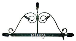 Vintage Heavy Wrought Iron Pot Rack Black Wall Mounted Leaf and Spiral Design