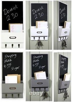 Vintage Letter Rack Holder With Key Hooks & Blackboard Wall Organiser White Grey