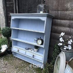 Vintage Light Blue Hand Painted Pine Country Farmhouse Wall Cabinet / Plate Rack