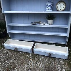 Vintage Light Blue Hand Painted Pine Country Farmhouse Wall Cabinet / Plate Rack