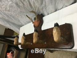 Vintage Taxidermy Deer Hoof and Antler Gun Bow Rack Coat Hook Wall Mount NICE
