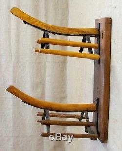 Vintage double saddle rack, wood and metal, wall mounted, bridle holder, Belgian