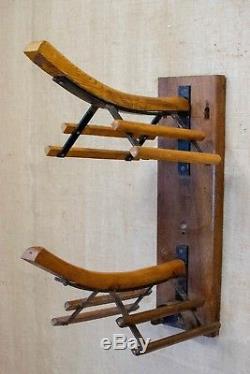 Vintage double saddle rack, wood and metal, wall mounted, bridle holder, Belgian