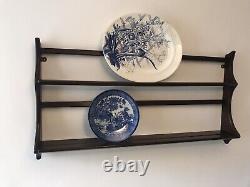 Vintage mid century Ercol dark elm wood wall hanging plate rack shelf 96cm wide