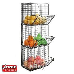Wall Mount Rack Fruit Basket Holder Storage Metal Wire 3 Tier Bin Shelf Kitchen