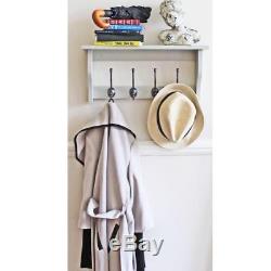 Wall Mounted 4 Metal Hooks Coat Rack With Shelf Hanger Pegs Decorative Grey