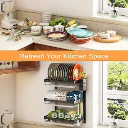 Wall Mounted Dish Drying Rack, 3 Tier Stainless Steel Hanging Dish Drainer with