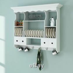 Wall Mounted Dish Rack Wooden Kitchen Wall Display Cabinet Holder Drainer White