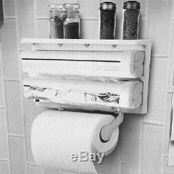 Wall Mounted Kitchen Roll Holder With Cling Film, storage rack and Foil Cutter