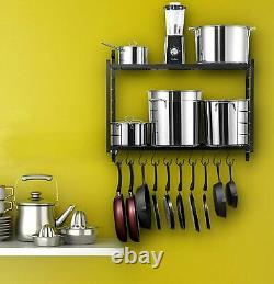 Wall Mounted Kitchen Utensils Pan Pot Hanging Rail Rack 10 Hook Hanger Shelf
