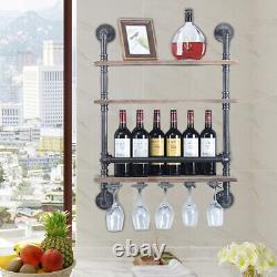Wall Mounted Wine Rack with Glass Holder Metal Champagne Bottles Storage Shelf