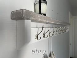 White Coat Rack with Grey Wash Shelf, Rustic Shelf with Coat Hooks, Hallway Coat