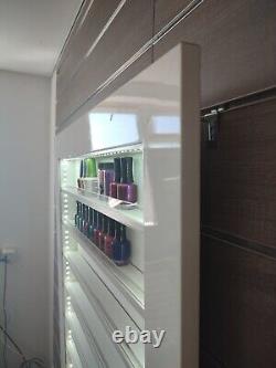 White gloss wall hung nail polish rack display frame with LED lighting -in stock