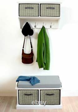 White hallway coat rack and storage bench with cushion and baskets. QUALITY