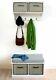 White hallway coat rack and storage bench with cushion and baskets. QUALITY
