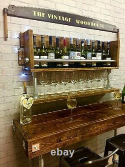 Wine Rack, Home Bar, Wine Glass Holder, Display Shelves, Industrial Rustic Wood