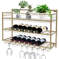 Wine Rack Wall Mounted Hanging Shelf Wine Display Organizer With Glass Holder Gold