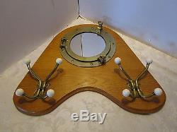 Wood & Brass porthole Mirror Coat hat Rack Oak Wall Mounted Hooks ceramic Tips