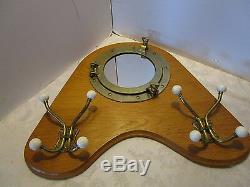 Wood & Brass porthole Mirror Coat hat Rack Oak Wall Mounted Hooks ceramic Tips