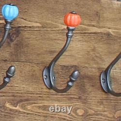Wooden Coat Hook Rack, Rustic Style with Ceramic Coloured Tip Hooks