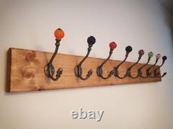 Wooden Coat Hook Rack, Rustic Style with Ceramic Coloured Tip Hooks