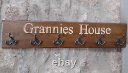 Wooden Coat Rack with deep engraved words including 6 hooks wall mounted