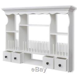Wooden Kitchen Plate Rack White Storage Cup Holder Hooks Wall Mount Shelving NEW